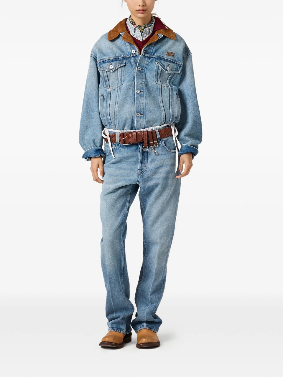 Miu Miu Light Blue Denim Leather Collar Jacket Blauw
