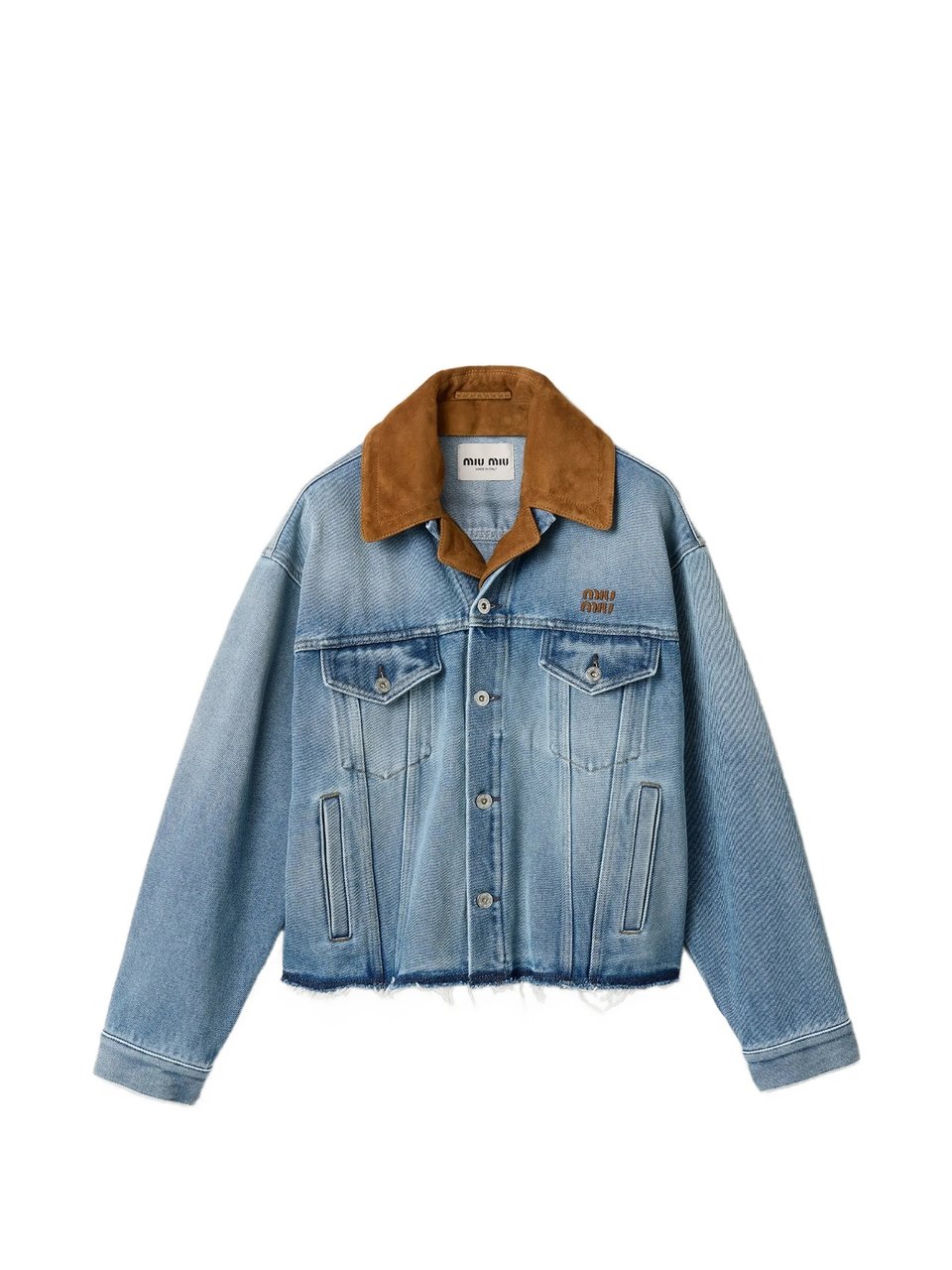 Miu Miu Light Blue Denim Leather Collar Jacket Blauw