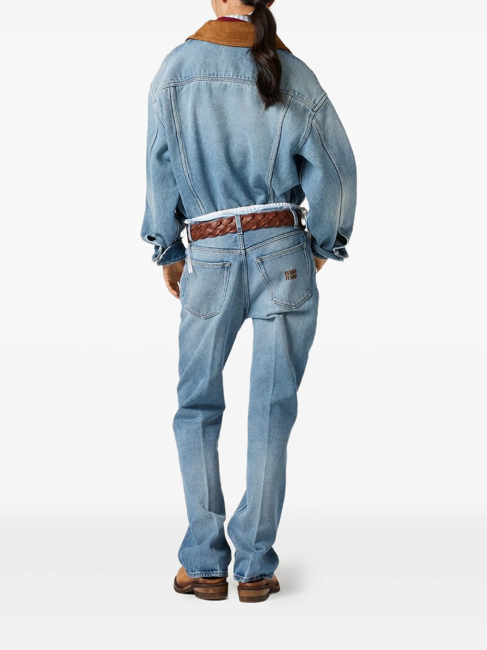 Miu Miu Light Blue Denim Leather Collar Jacket Blauw