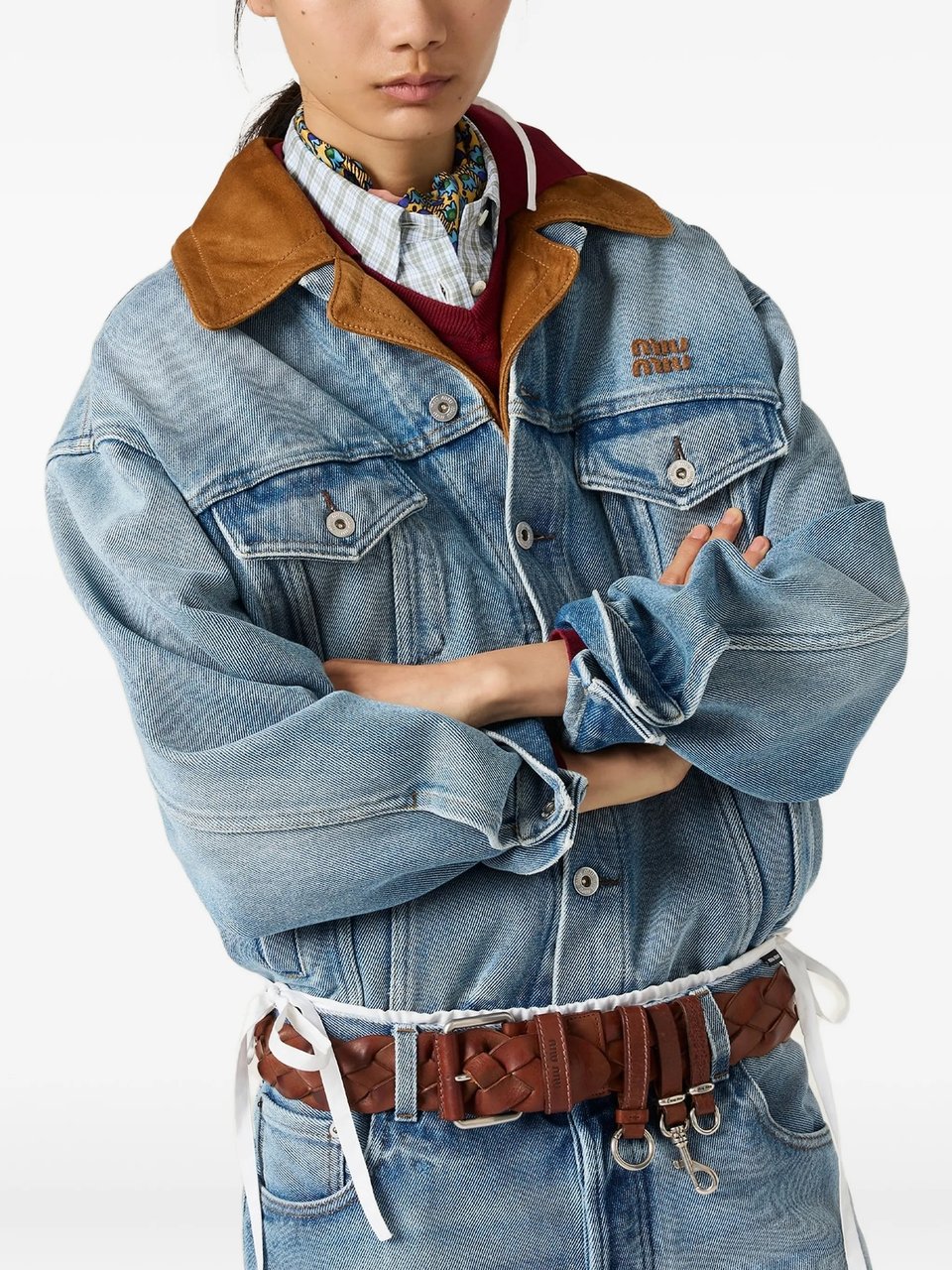 Miu Miu Light Blue Denim Leather Collar Jacket Blauw