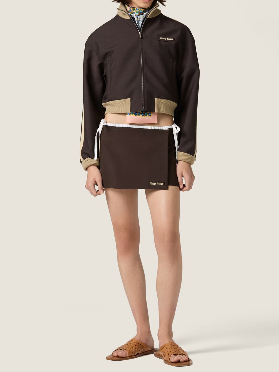 Miu Miu Dark Brown Wrap-Style Contrast Panel Mini Skirt Bruin