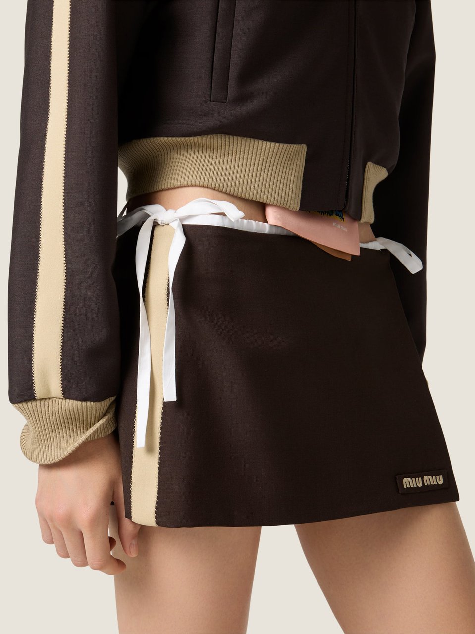 Miu Miu Dark Brown Wrap-Style Contrast Panel Mini Skirt Bruin