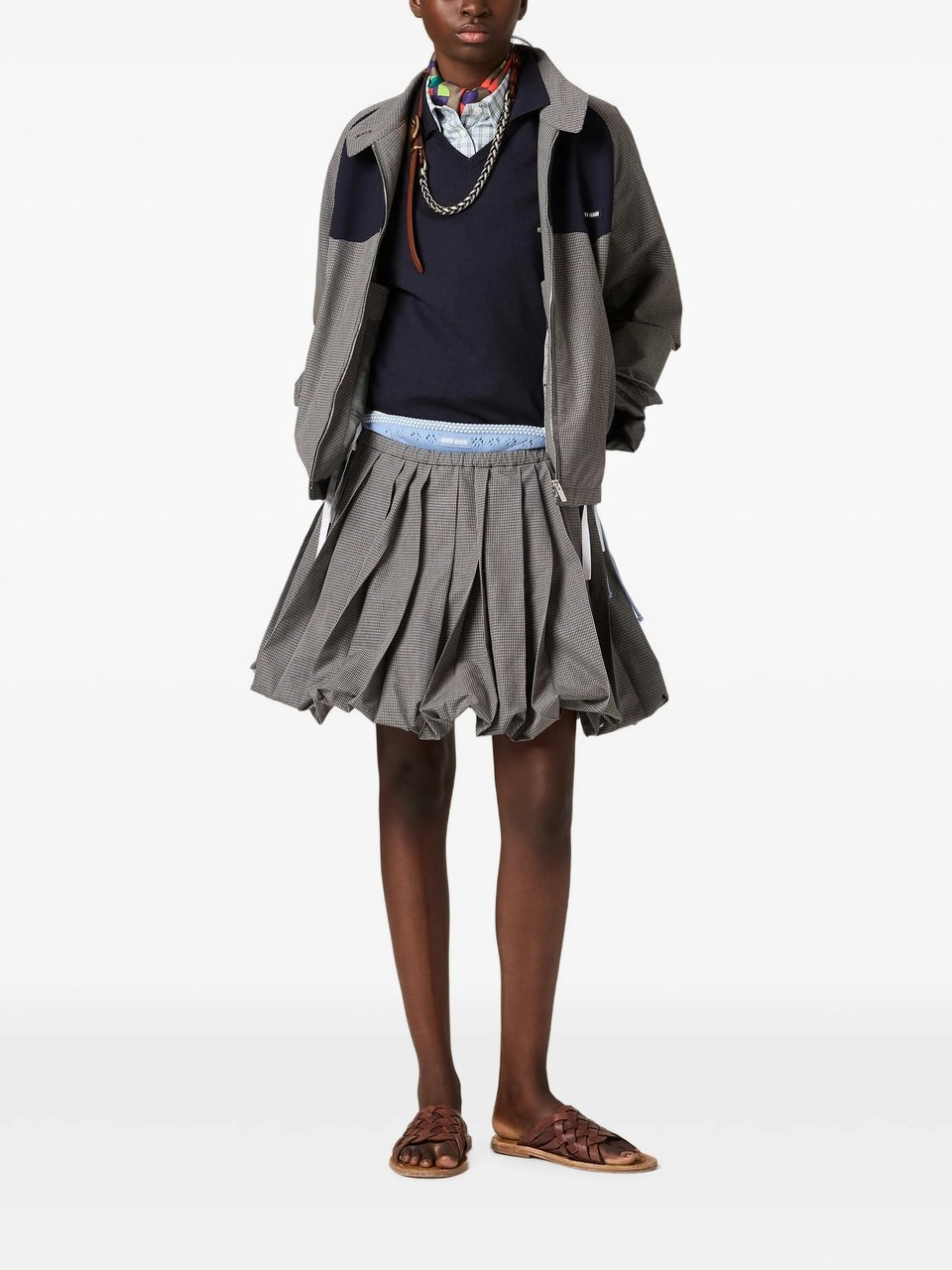 Miu Miu Blue Checkered Cotton Cropped Shirt Blauw