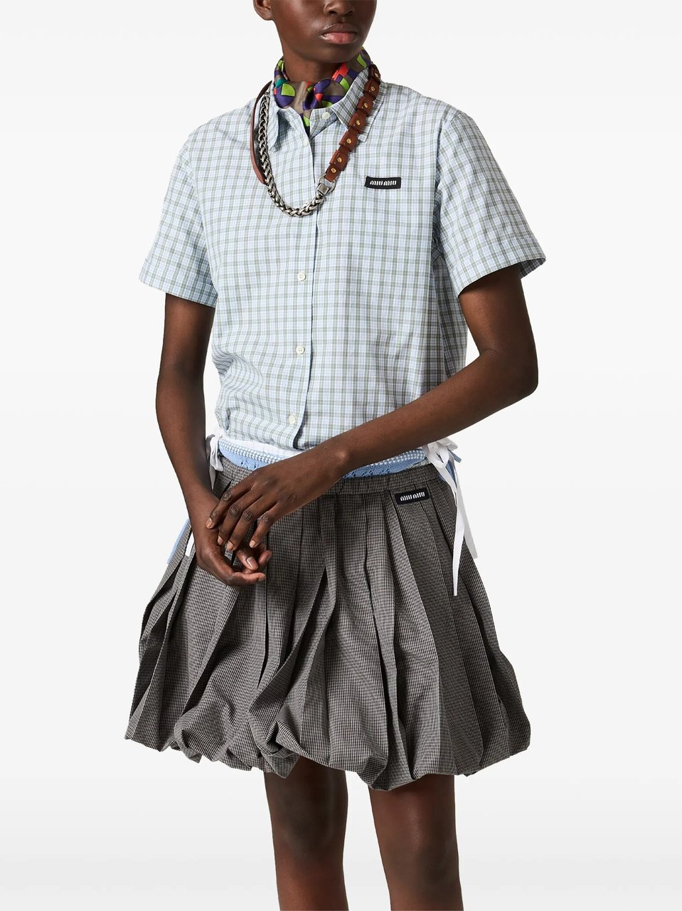 Miu Miu Blue Checkered Cotton Cropped Shirt Blauw