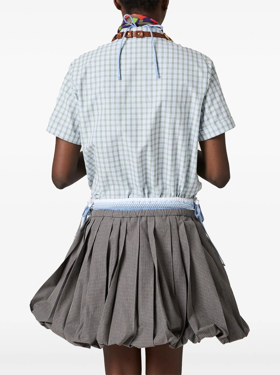 Miu Miu Blue Checkered Cotton Cropped Shirt Blauw