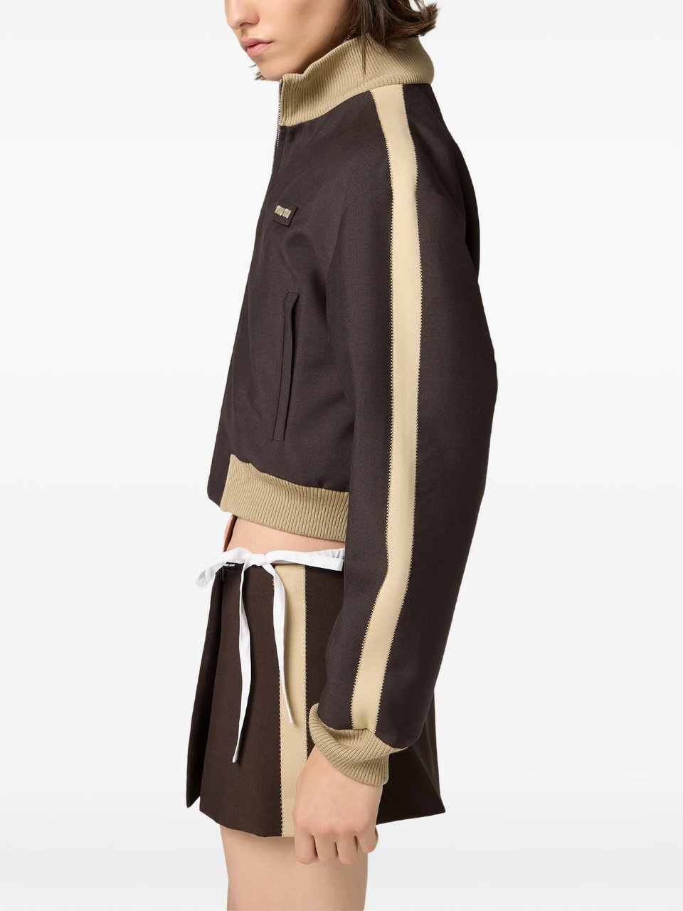 Miu Miu Dark Brown Polyester Cropped Blouson Jacket Zwart