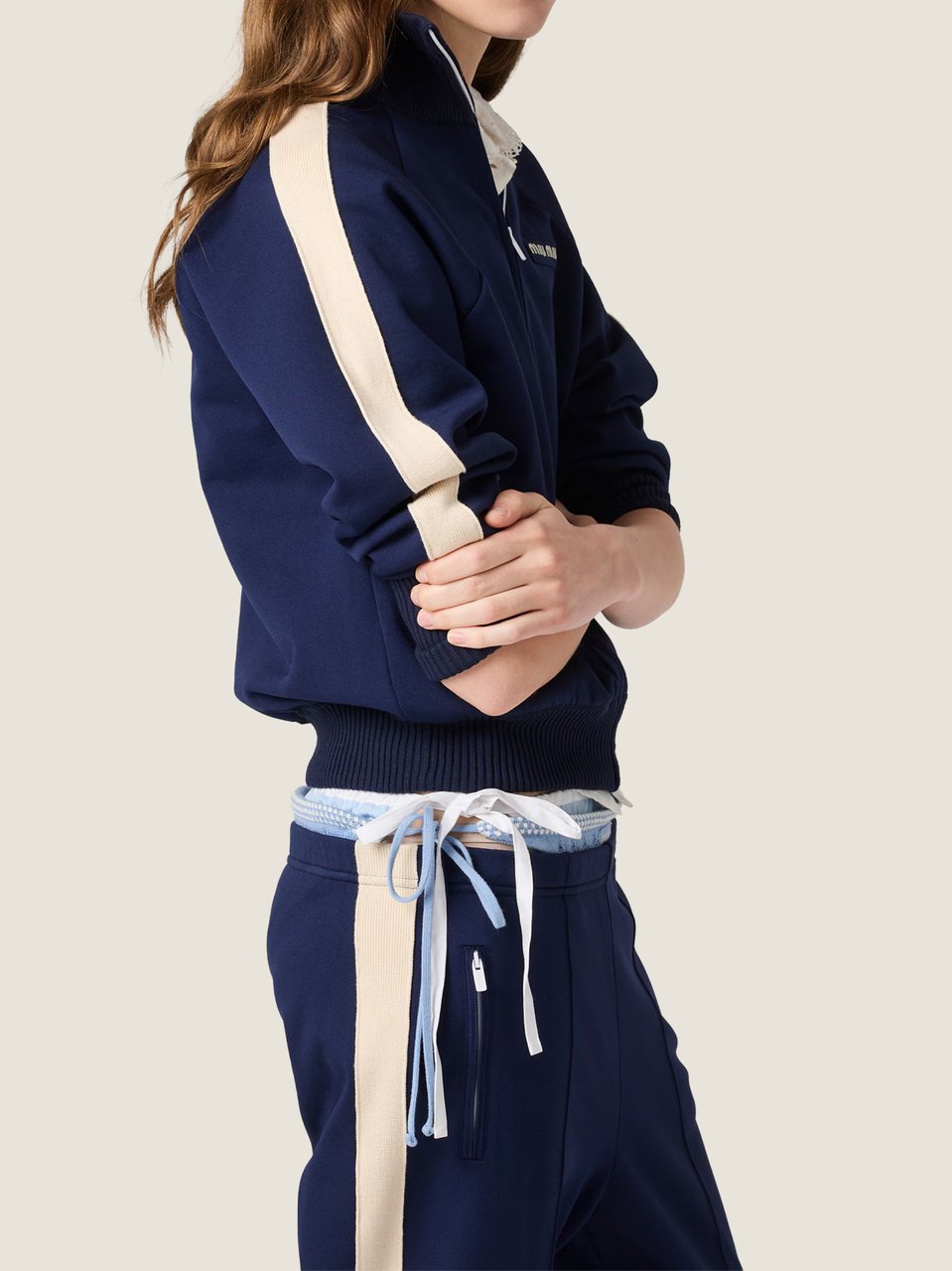 Miu Miu Sporty Blue Nylon Double Cardigan with High Collar Blauw