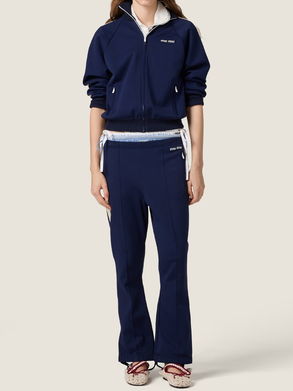 Miu Miu Sporty Blue Nylon Double Cardigan with High Collar Blauw