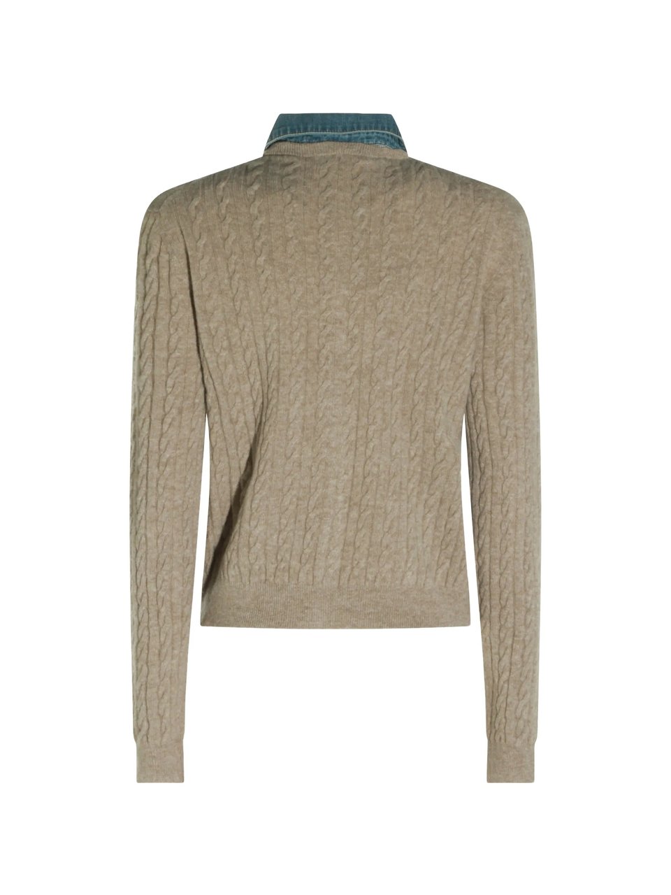 Miu Miu Cable Knit Wool Cashmere Cardigan With Denim Collar Neutraal