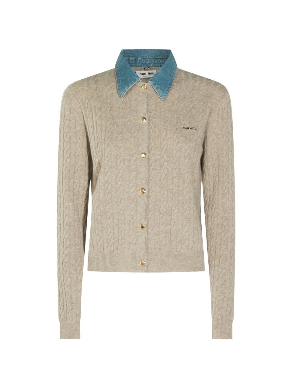 Miu Miu Cable Knit Wool Cashmere Cardigan With Denim Collar Neutraal