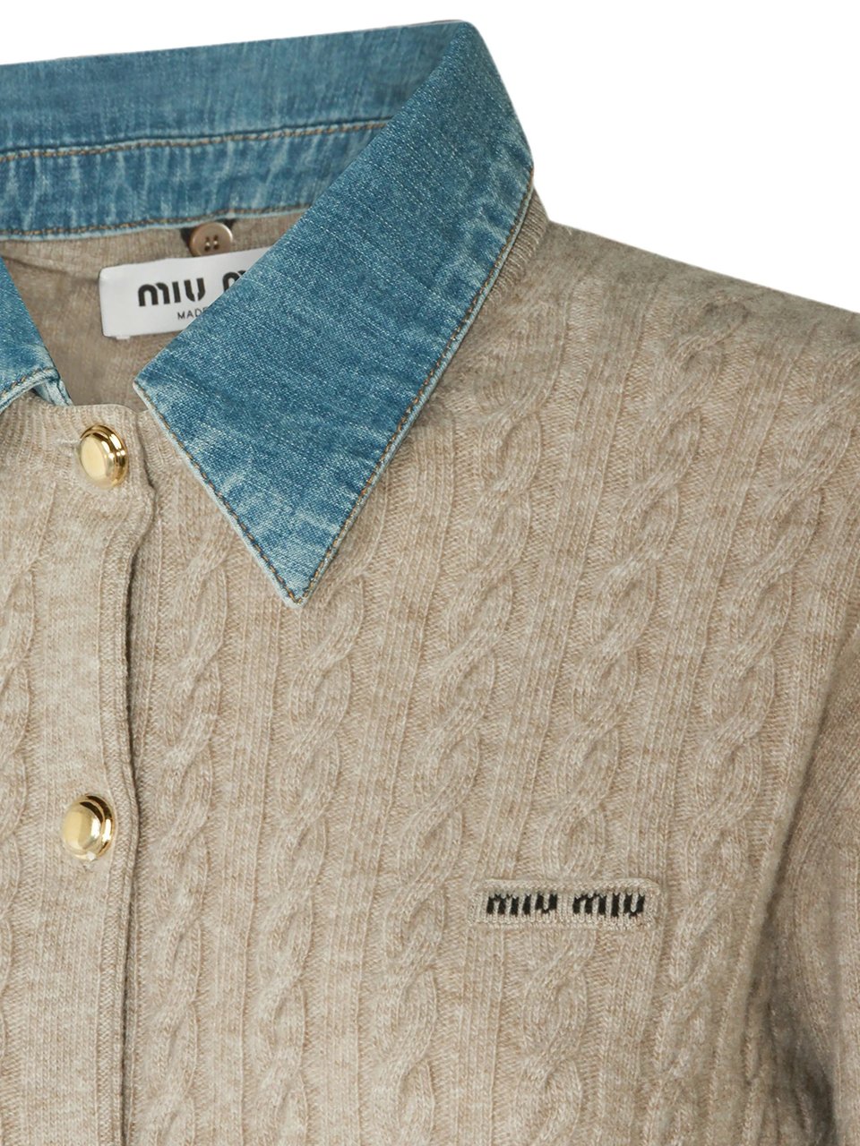 Miu Miu Cable Knit Wool Cashmere Cardigan With Denim Collar Neutraal