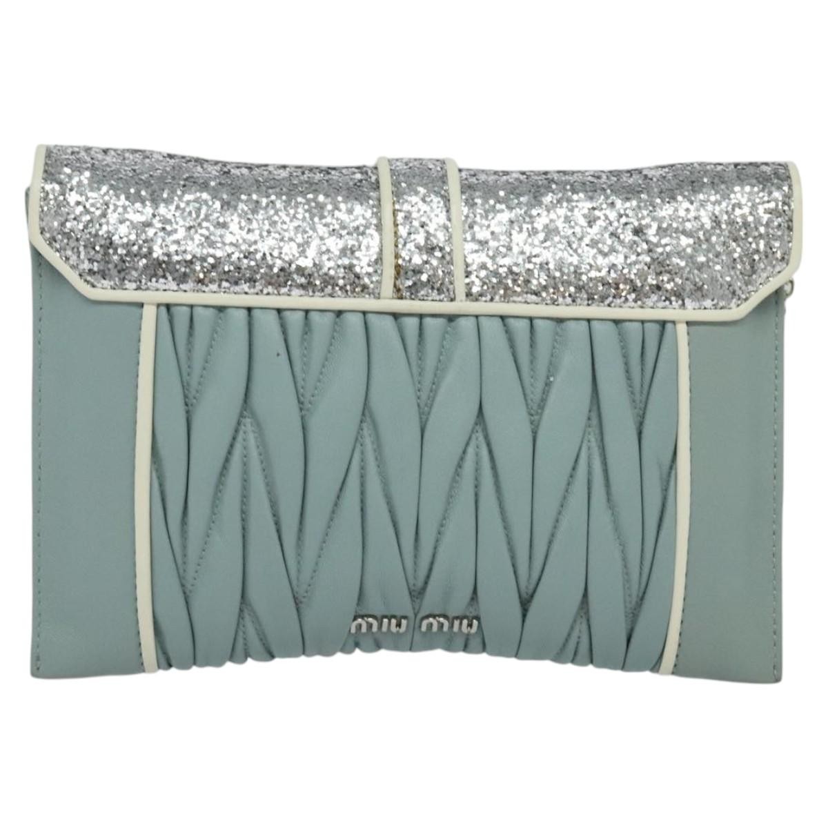 Miu Miu Miu Miu Madras Chain Clutch Matelasse Leather with Glitter Blauw