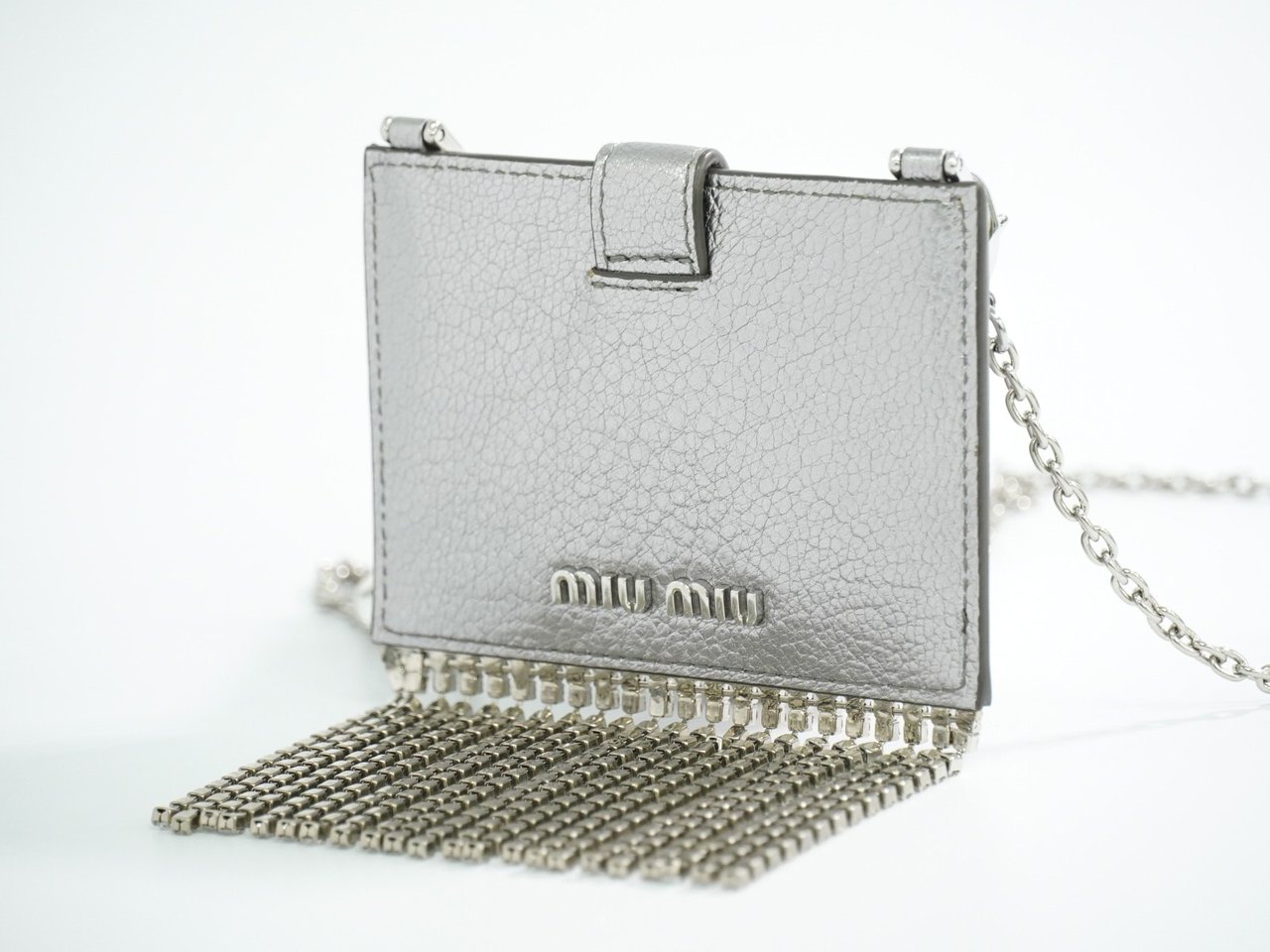 Miu Miu Madras Card Holder with crystal fringe leather Zilver