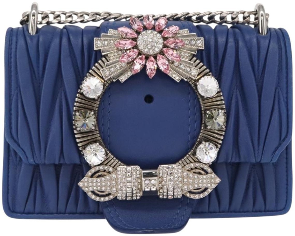 Miu Miu Miu Miu Madras Crystal Buckle Shoulder Bag Matelasse Leather Small Blauw