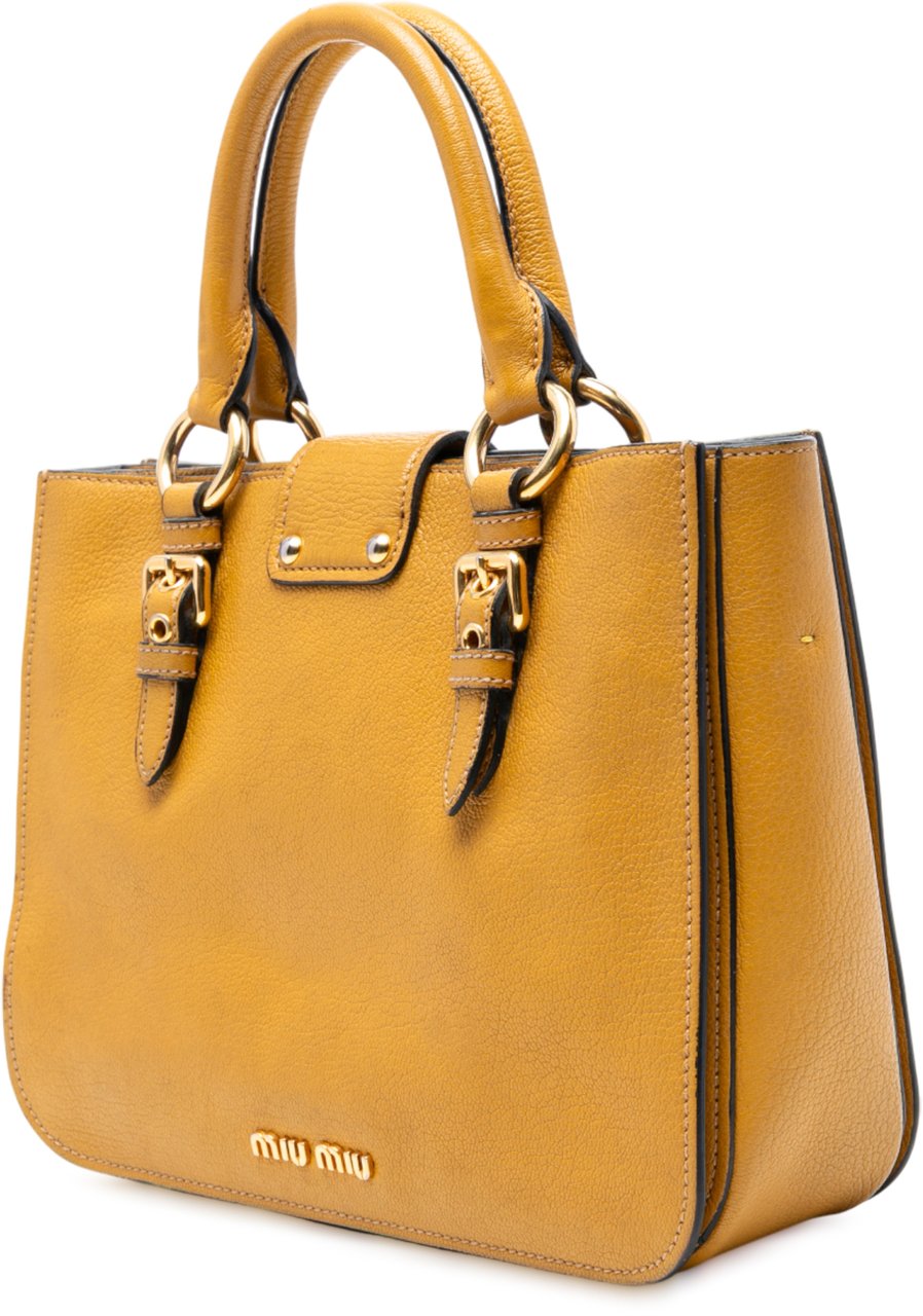 Miu Miu Goatskin Madras Satchel Geel