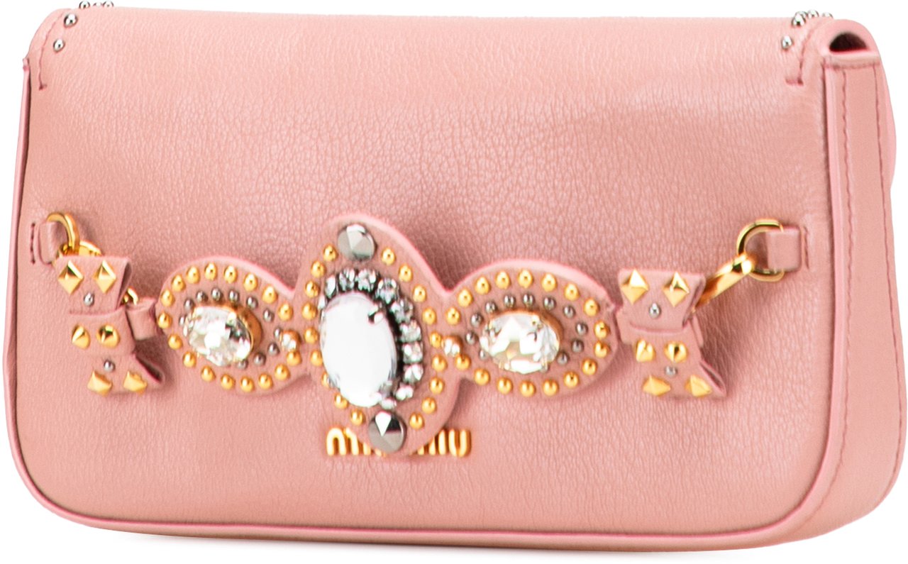 Miu Miu Goatskin Madras Crystal Studded Clutch Roze