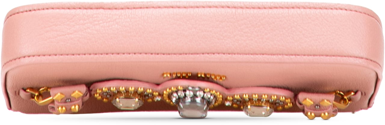 Miu Miu Goatskin Madras Crystal Studded Clutch Roze