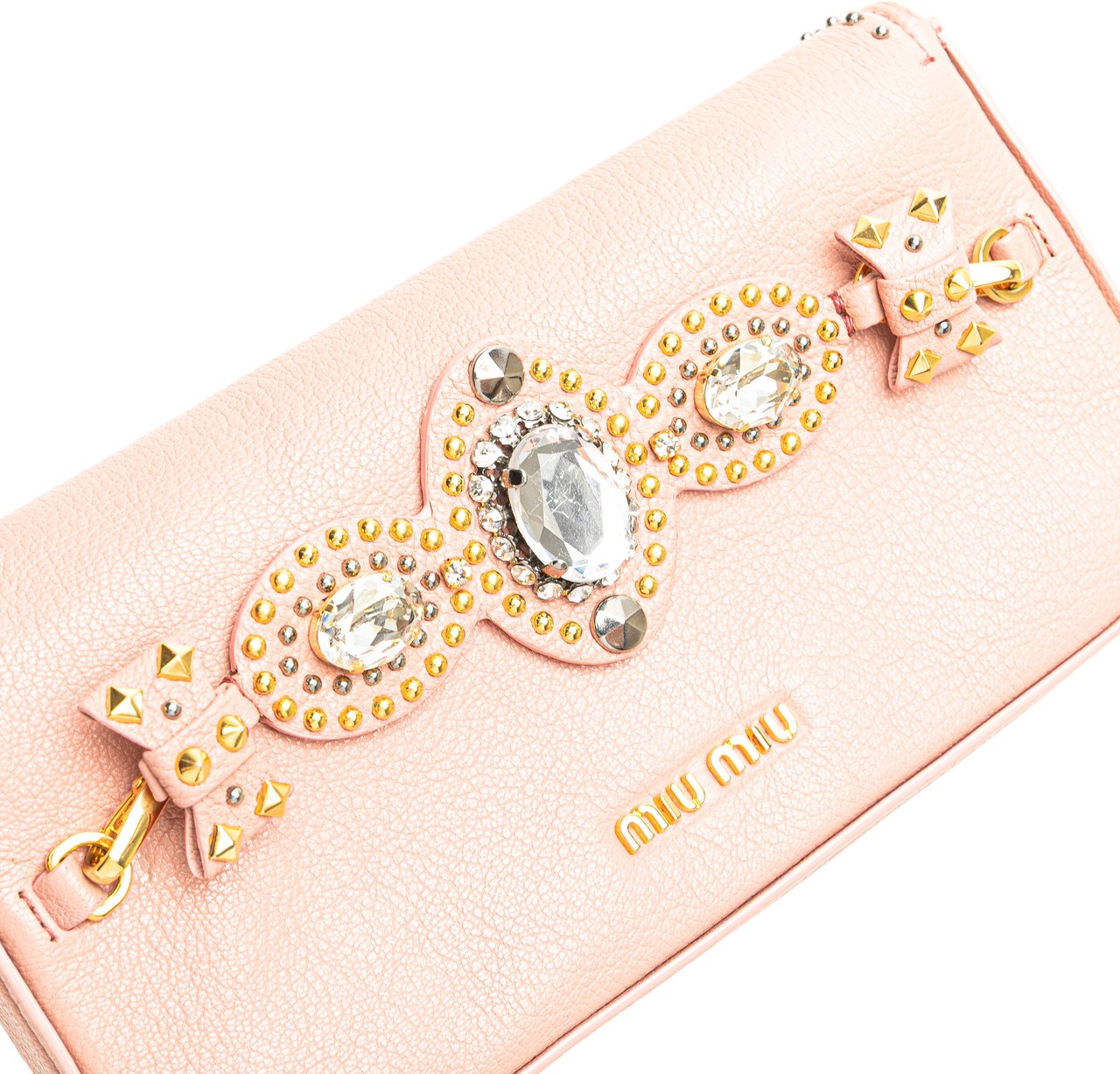 Miu Miu Goatskin Madras Crystal Studded Clutch Roze