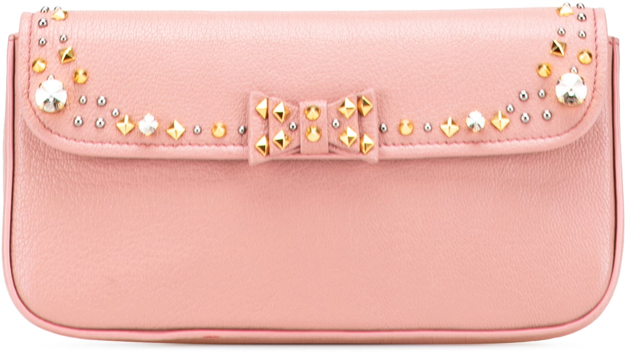 Miu Miu Goatskin Madras Crystal Studded Clutch Roze