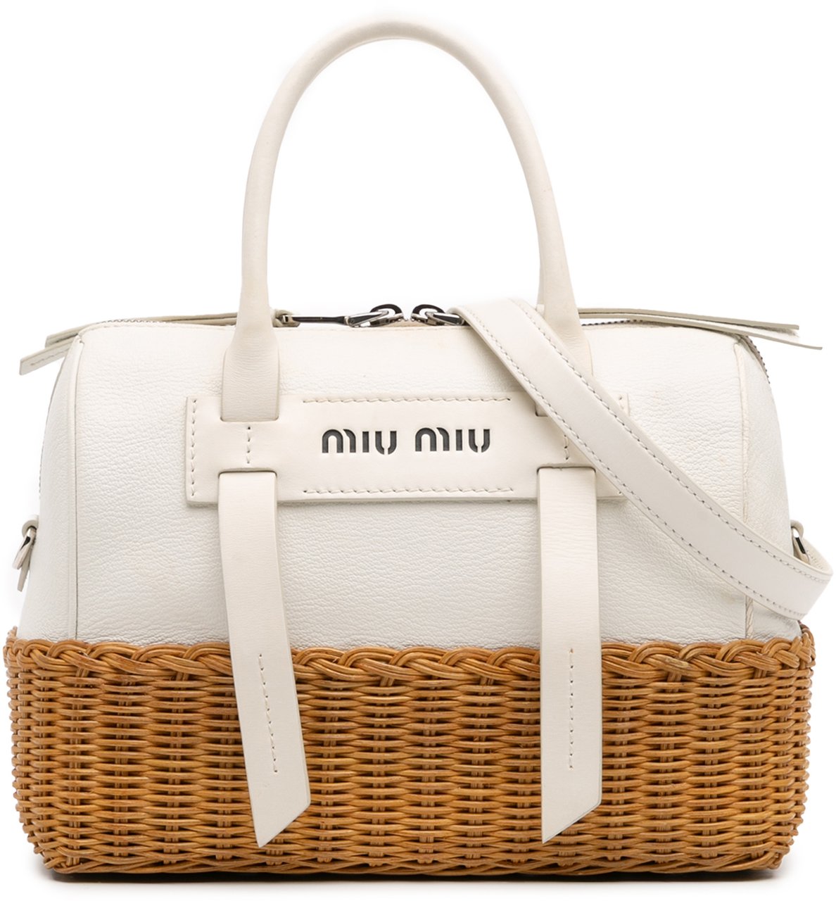 Miu Miu Wicker Trimmed Leather Top Handle Bag Wit