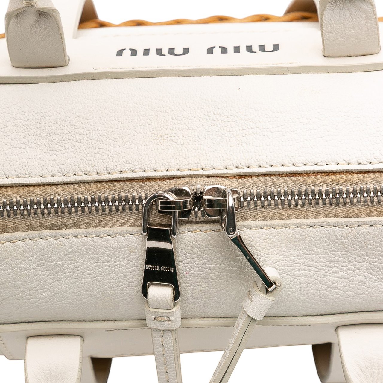 Miu Miu Wicker Trimmed Leather Top Handle Bag Wit