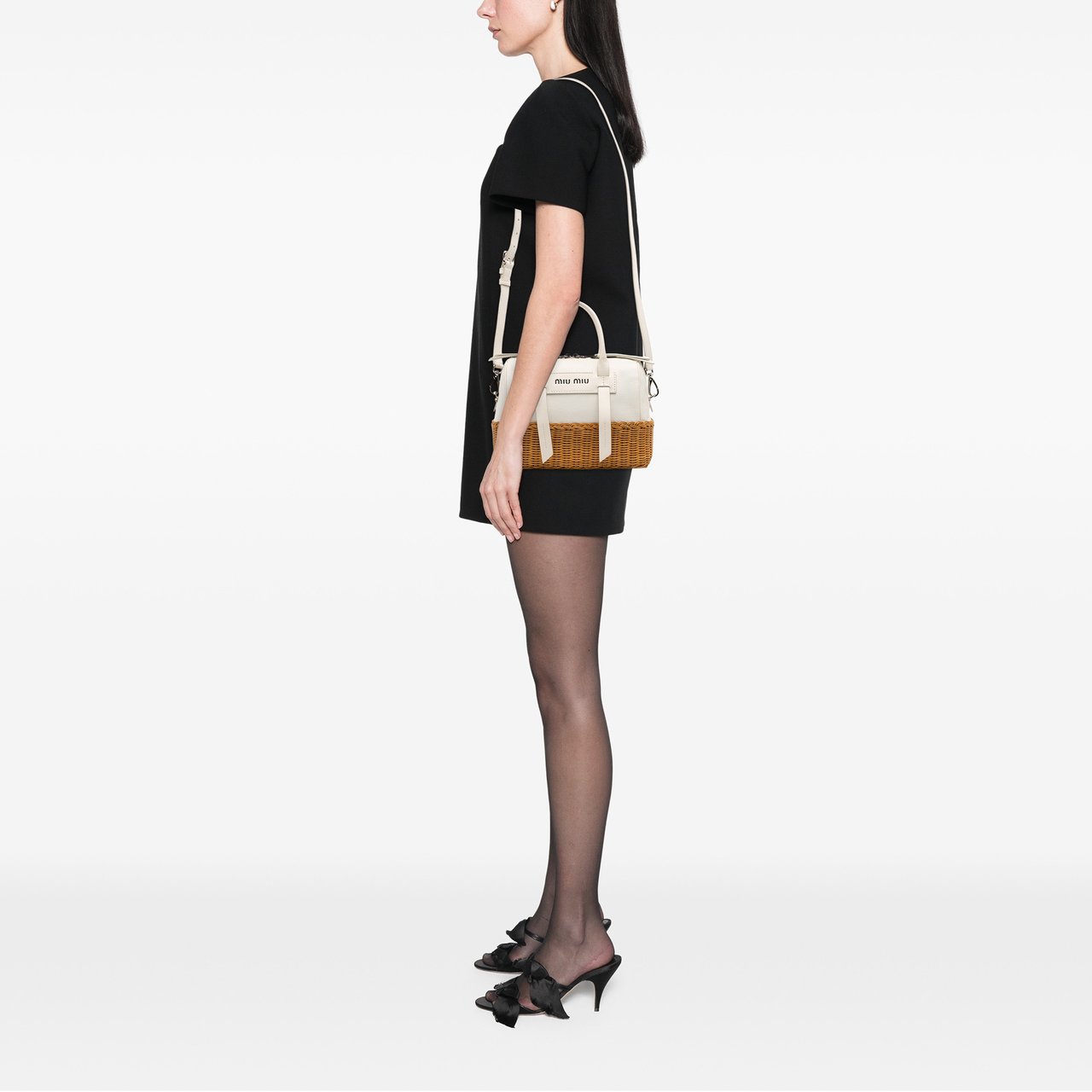 Miu Miu Wicker Trimmed Leather Top Handle Bag Wit