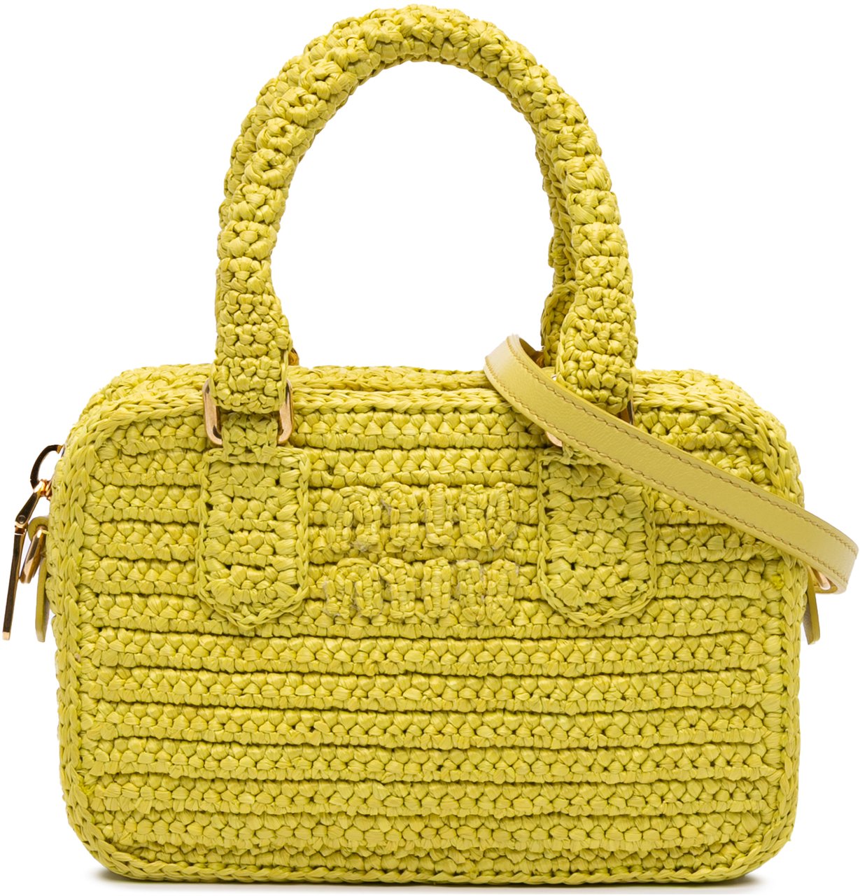 Miu Miu Raffia Crochet Arcadie Top Handle Bag Geel