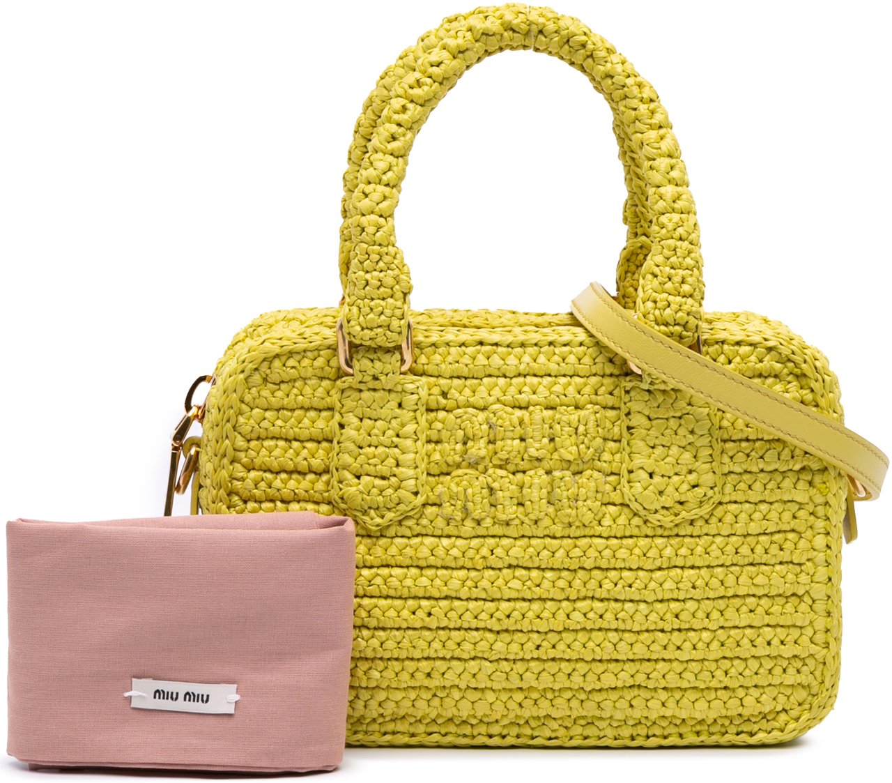 Miu Miu Raffia Crochet Arcadie Top Handle Bag Geel