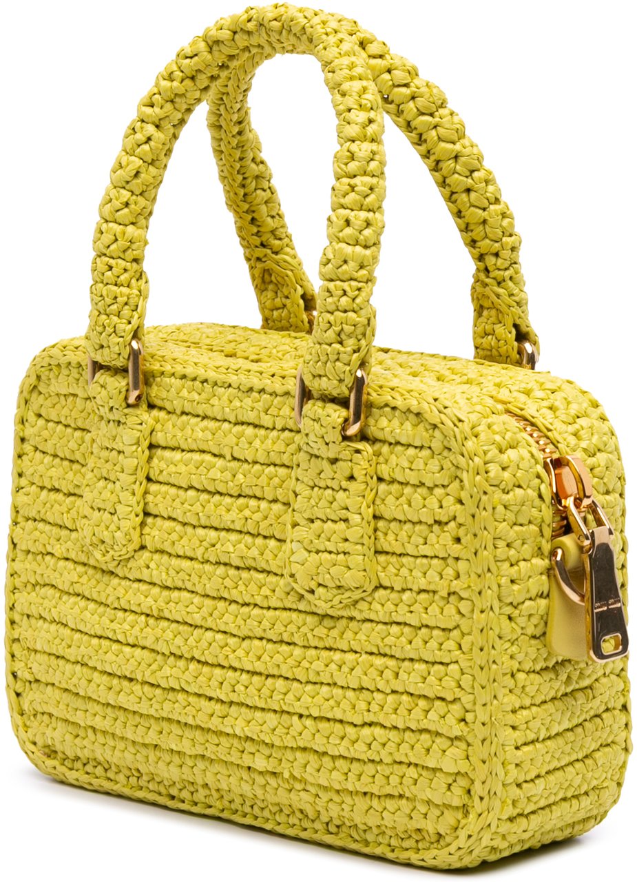 Miu Miu Raffia Crochet Arcadie Top Handle Bag Geel