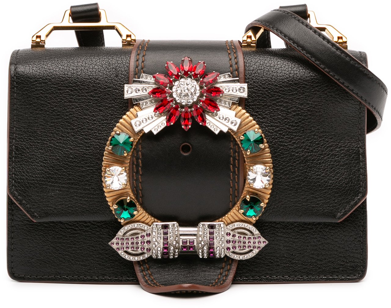 Miu Miu Goatskin Madras Soft Calf Crystal Embellished Crossbody Zwart