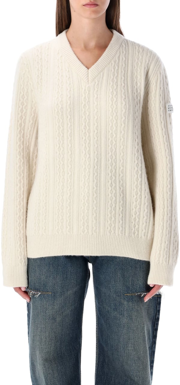 MM6 Maison Margiela V Neck Knit Cable Beige Beige