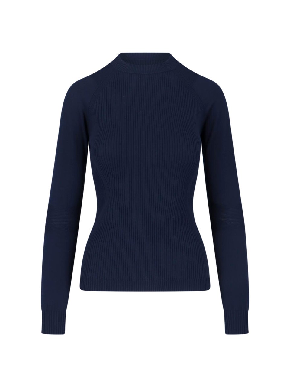 Moncler Blue Ribbed Viscose Blend Logo Sweater Blauw