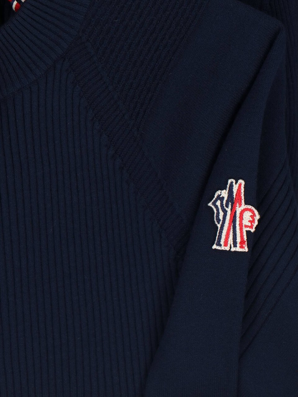Moncler Blue Ribbed Viscose Blend Logo Sweater Blauw