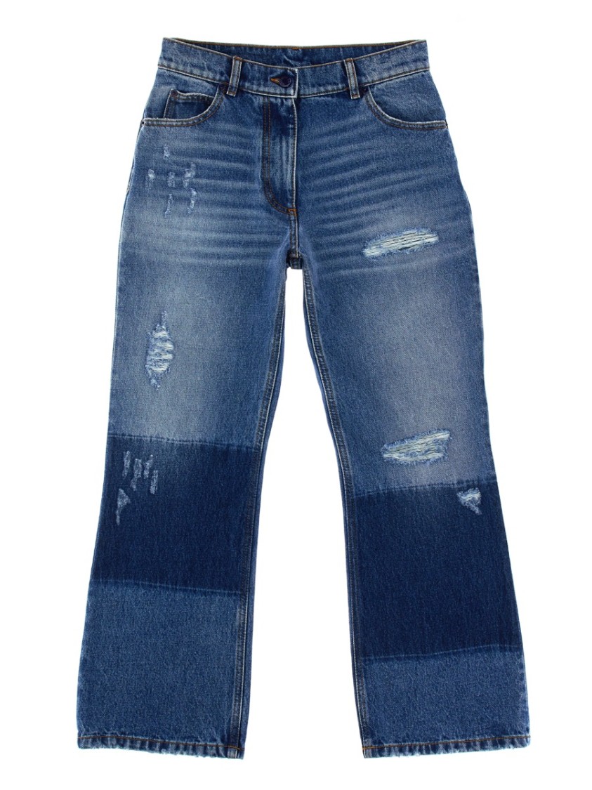 Moncler Star-Inlaid Patchwork Denim Jeans Blauw
