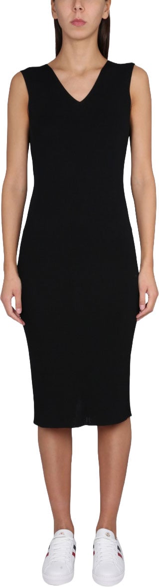 Moncler V-Neck Knit Dress with Moncler Logo Detail Zwart