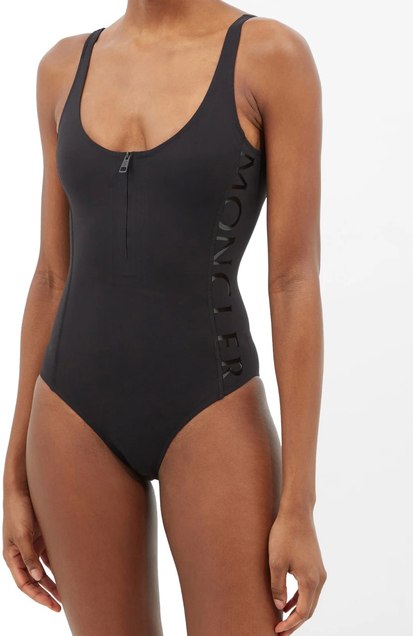 Moncler Zip-neck Logo Print One Piece Swimsuit Zwart