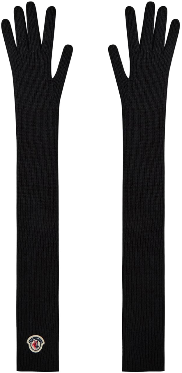 Moncler Logo Patch Virgin Wool Long Gloves Zwart