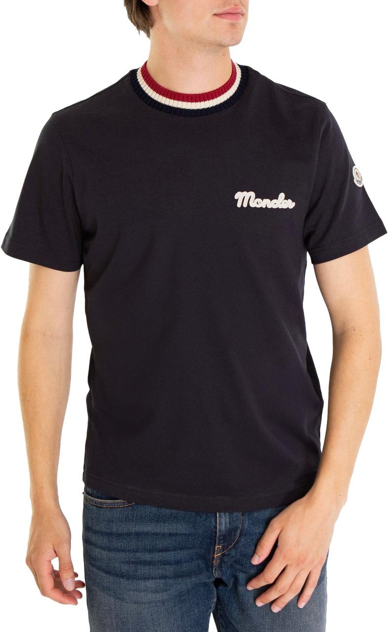 Moncler Heren Embroidered Logo T-Shirt Zwart Blauw