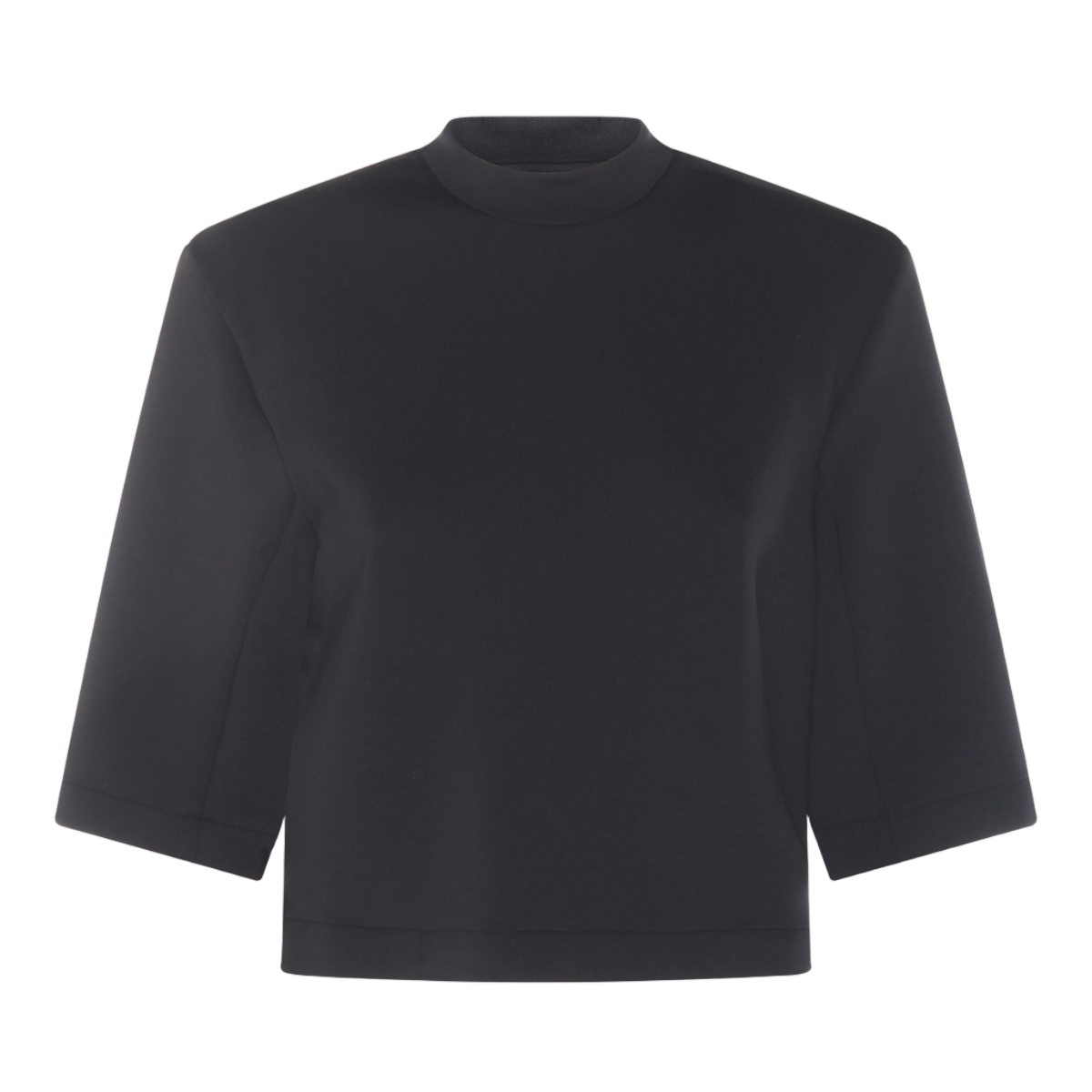 Moncler Cropped Black Top With High Neckline And Elbow-Length Sleeves Zwart