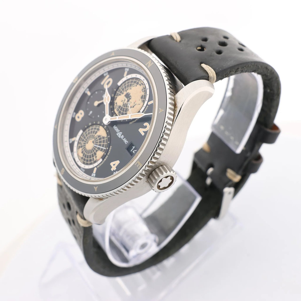 Montblanc Geosphere 119286 BBGJ3HDQ3 SS x Leather AT Watch with Black Dial Zwart