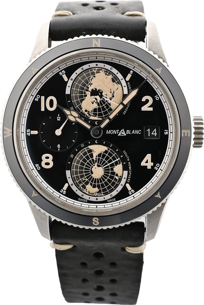 Montblanc Geosphere 119286 BBGJ3HDQ3 SS x Leather AT Watch with Black Dial Zwart