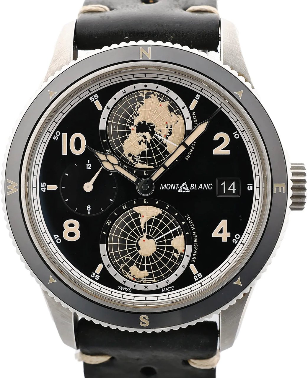 Montblanc Geosphere 119286 BBGJ3HDQ3 SS x Leather AT Watch with Black Dial Zwart
