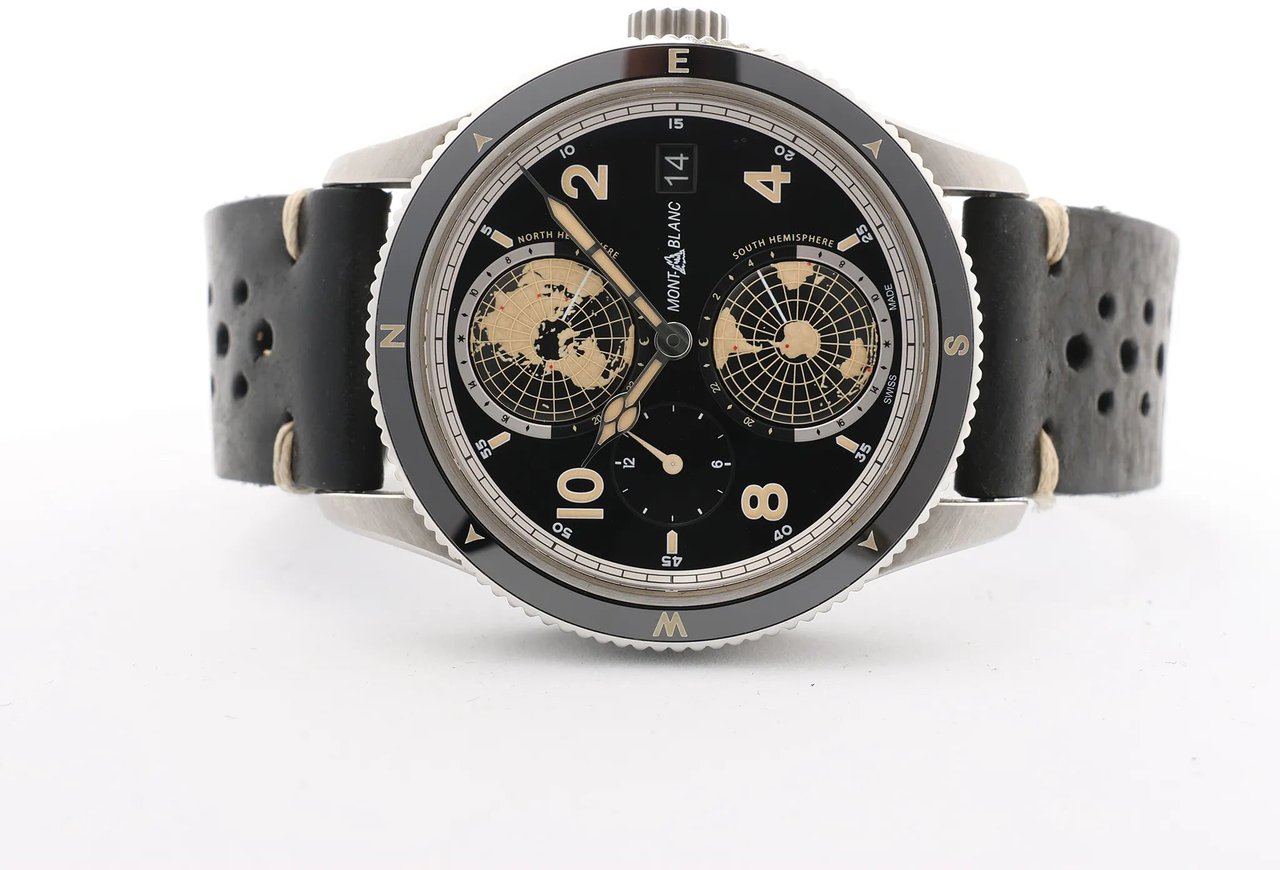 Montblanc Geosphere 119286 BBGJ3HDQ3 SS x Leather AT Watch with Black Dial Zwart