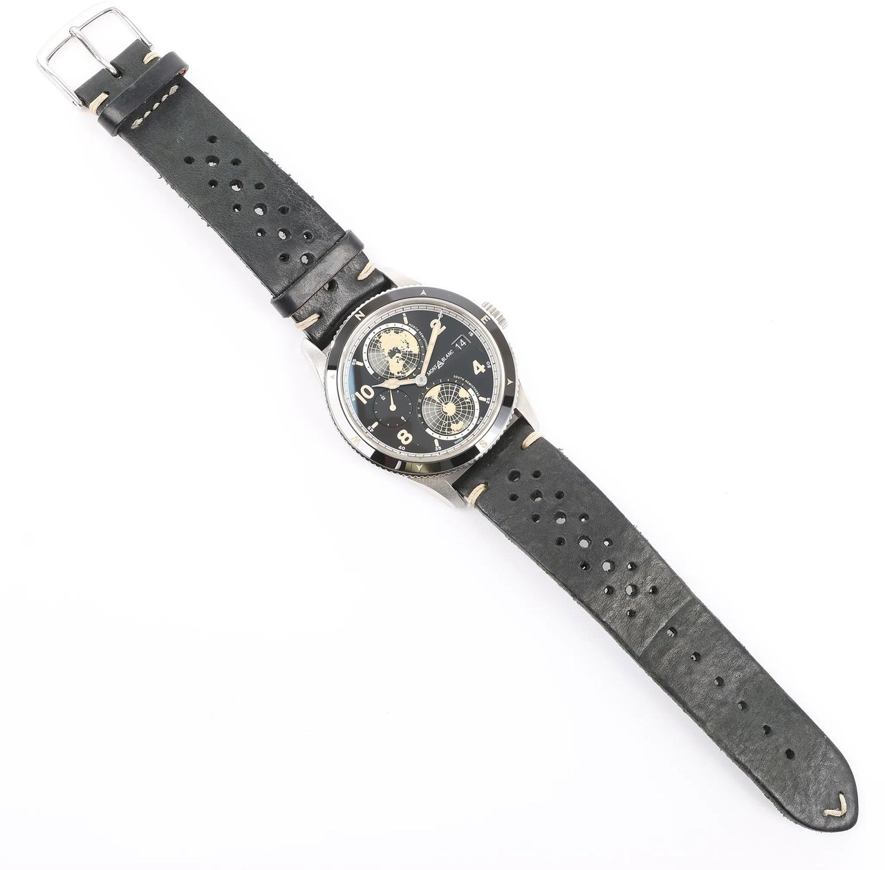 Montblanc Geosphere 119286 BBGJ3HDQ3 SS x Leather AT Watch with Black Dial Zwart