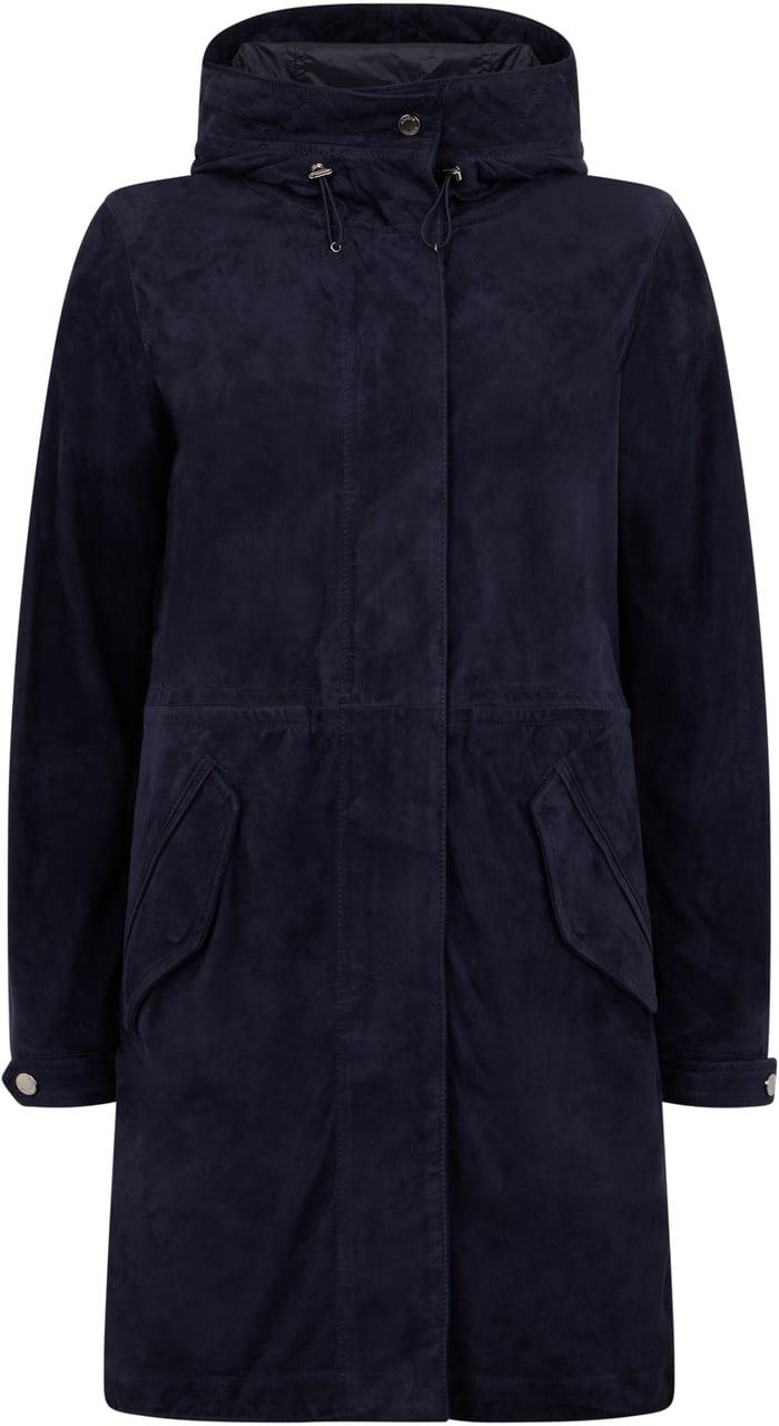 Moorer Elegant dark blue long coat down to the knee. Blauw