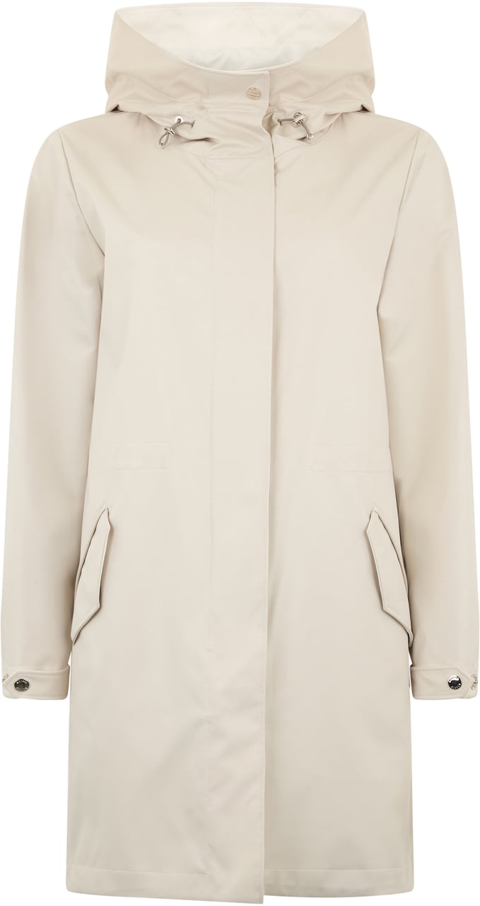 Moorer Beige long coat with hood, elegant and minimal. Neutraal