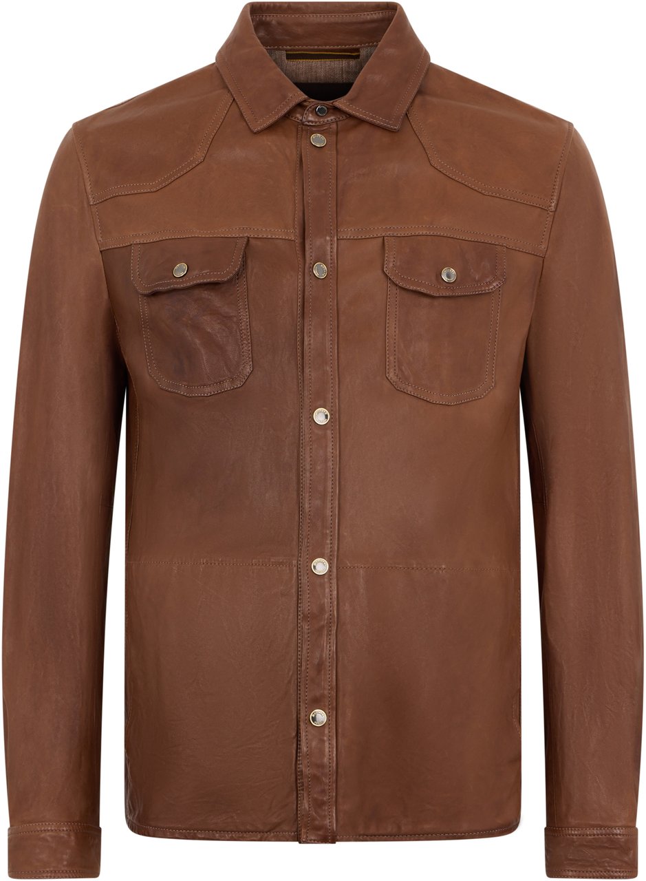 Moorer Brown leather shirt with elegant pockets. Bruin