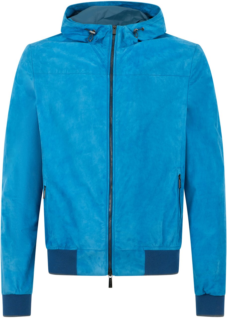 Moorer Blue leather jacket with versatile hood Blauw