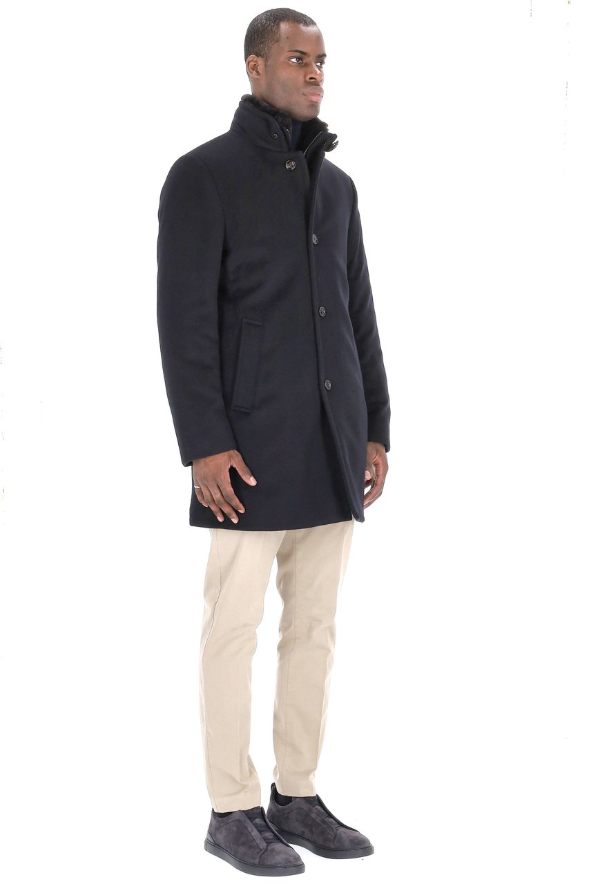 Moorer Bond-Fur-Le Wool-Cashmere Coat with Fur Collar Zwart