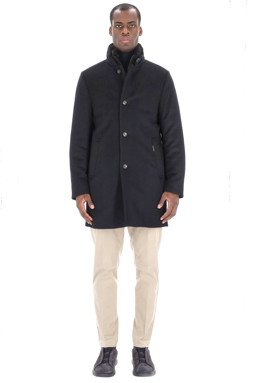Moorer Bond-Fur-Le Wool-Cashmere Coat with Fur Collar Zwart